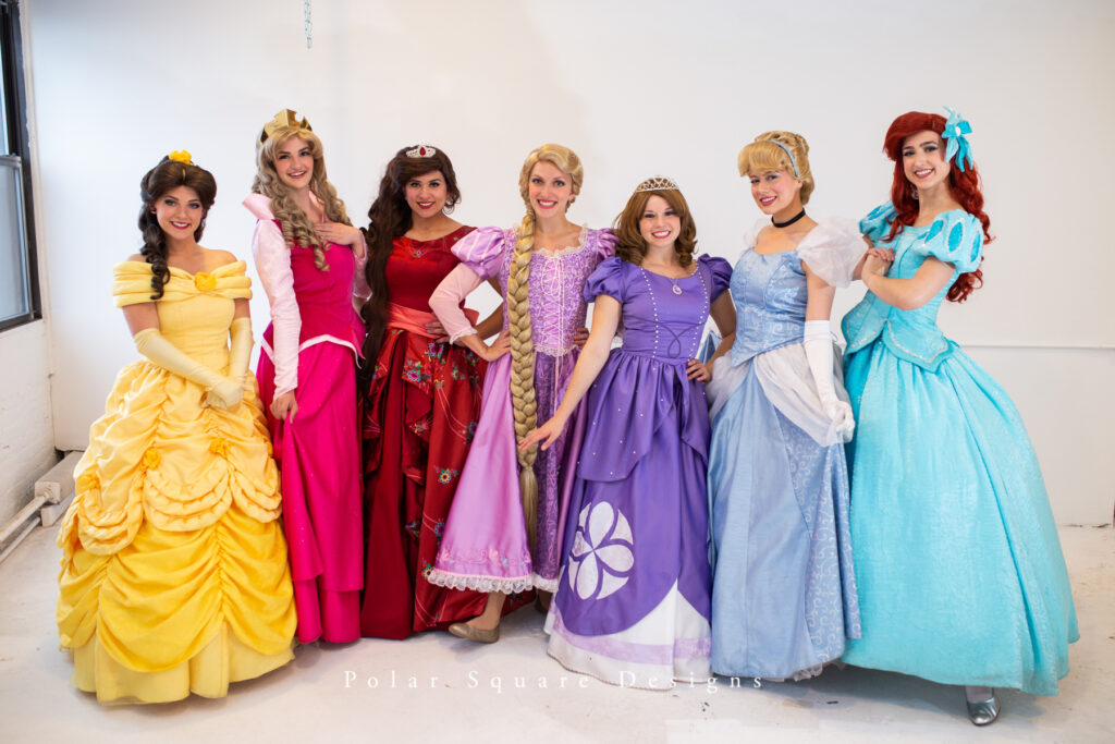 Group of princesses. Belle, Sleeping Beauty, Elena, Rapunzel, Sofia, Cinderella and Ariel. 